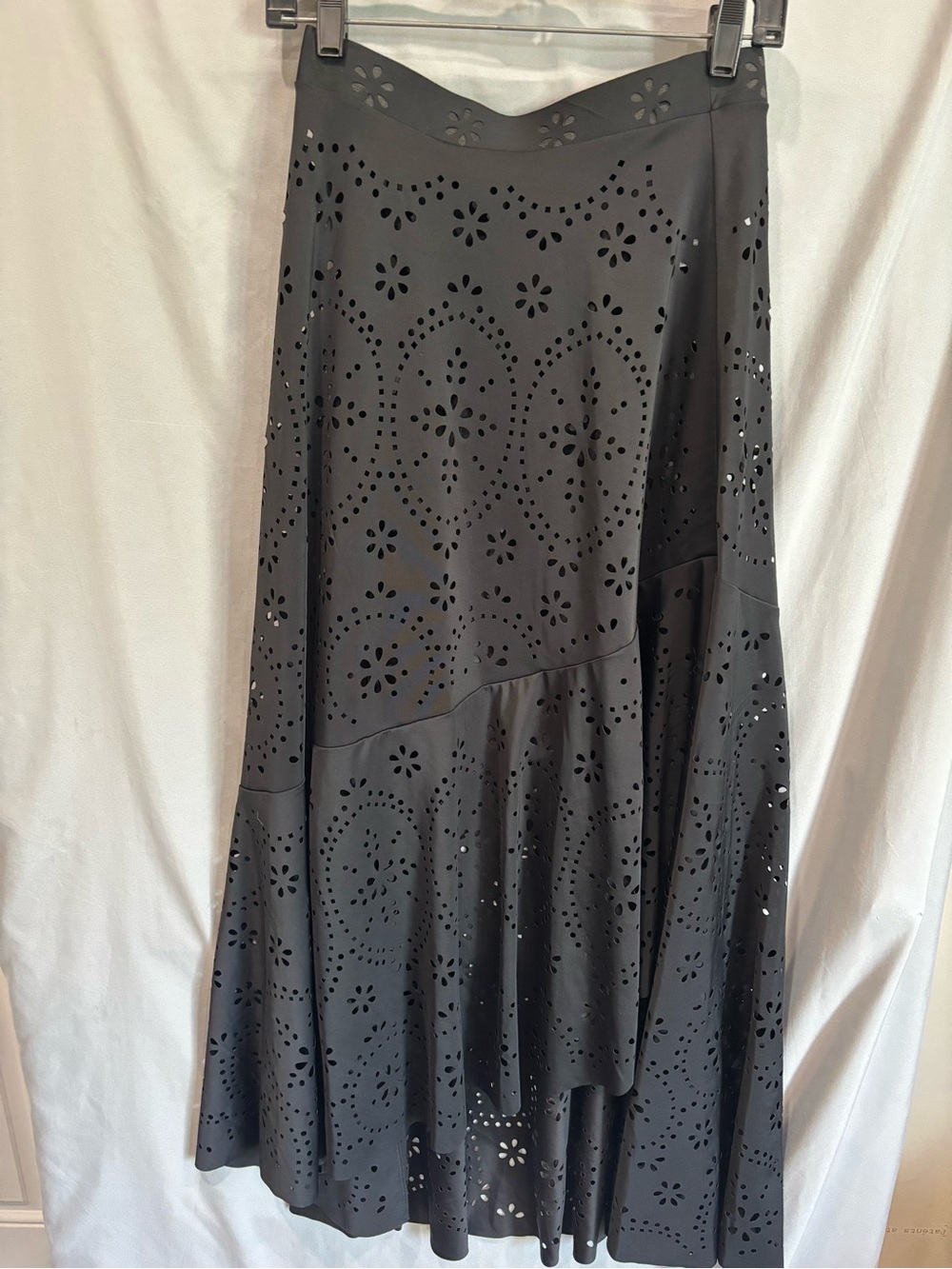 Laser-Cut Black Maxi Skirt with Floral Perforation